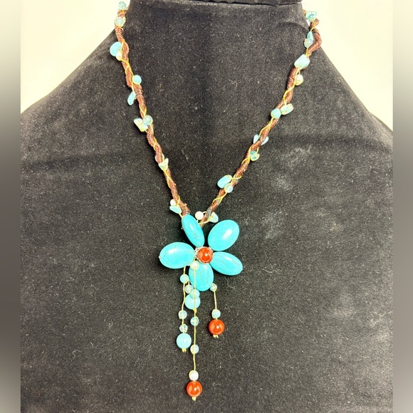 Whimsical Turquoise and Red Beaded Flower Necklace - Picture 1 of 7